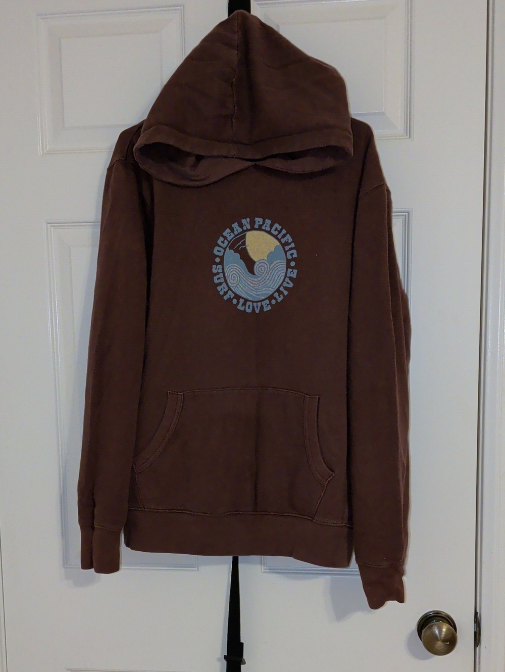 Retro OP Men's Brown Crewneck Hoodie with Blue and Cream Wave Graphic